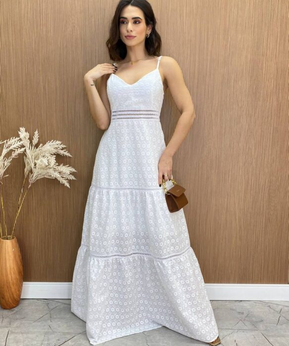 Vestido Longo com Bojo Luna Alça Regulável Bordado Branco - Fernanda Ramos Store