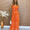 fernandaramosstore com br Vestido Longo sem Bojo com Lastex e Amarração nas Alças Estampa Laranja 1