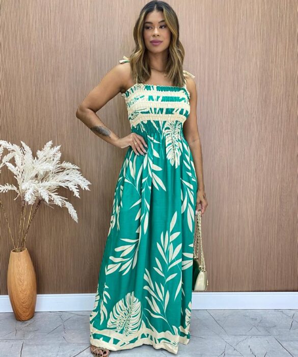 Vestido Longo sem Bojo com Lastex e Amarração nas Alças Estampa Verde Fernanda Ramos Store