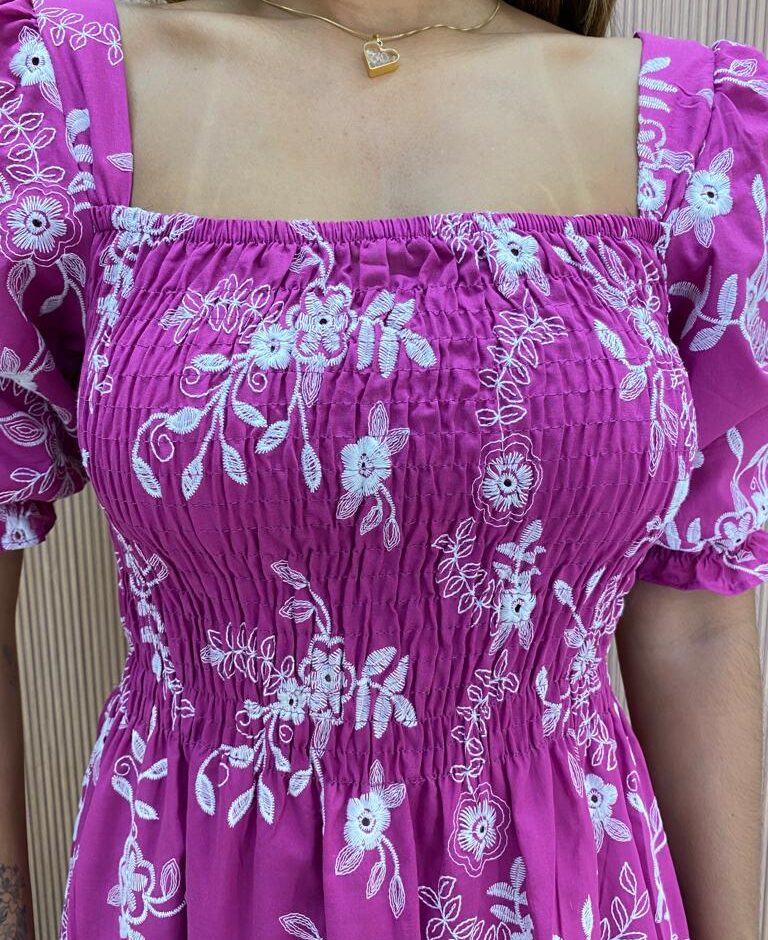 Vestido Longo sem Bojo com Lastex Sabrina Bordado Fúcsia - Fernanda Ramos Store