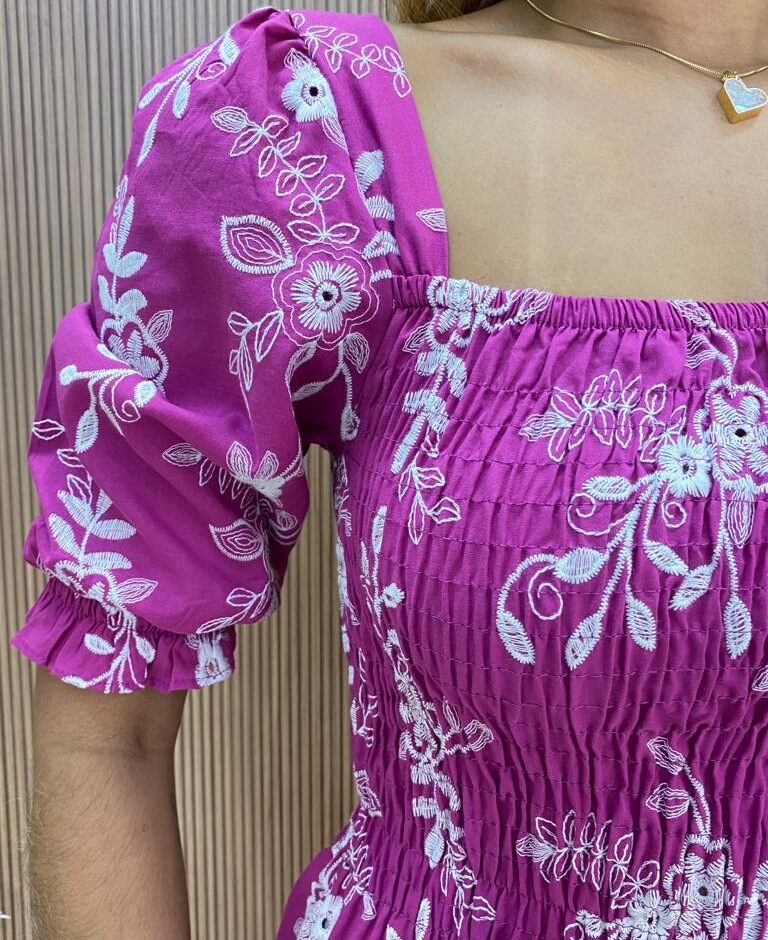 Vestido Longo sem Bojo com Lastex Sabrina Bordado Fúcsia - Fernanda Ramos Store