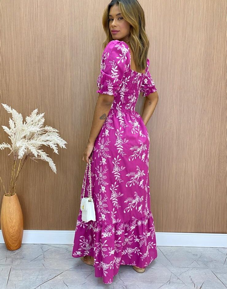 Vestido Longo sem Bojo com Lastex Sabrina Bordado Fúcsia - Fernanda Ramos Store