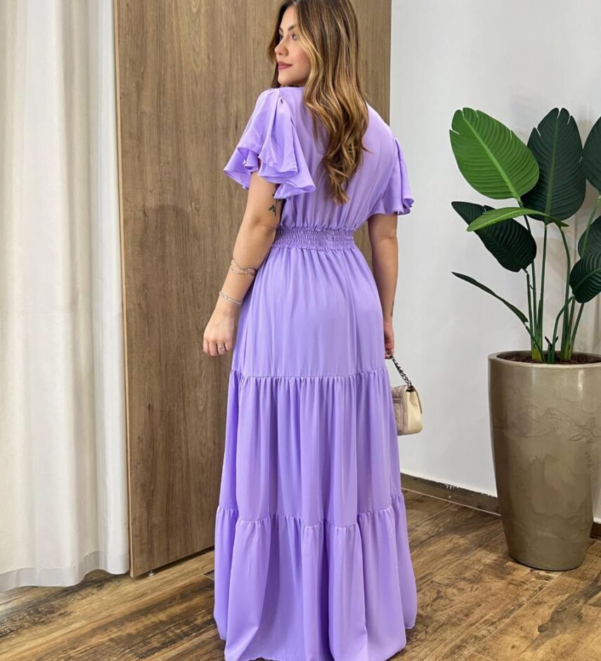 Vestido Longo sem Bojo Decote V Lastex na Cintura Lilás - Fernanda Ramos Store