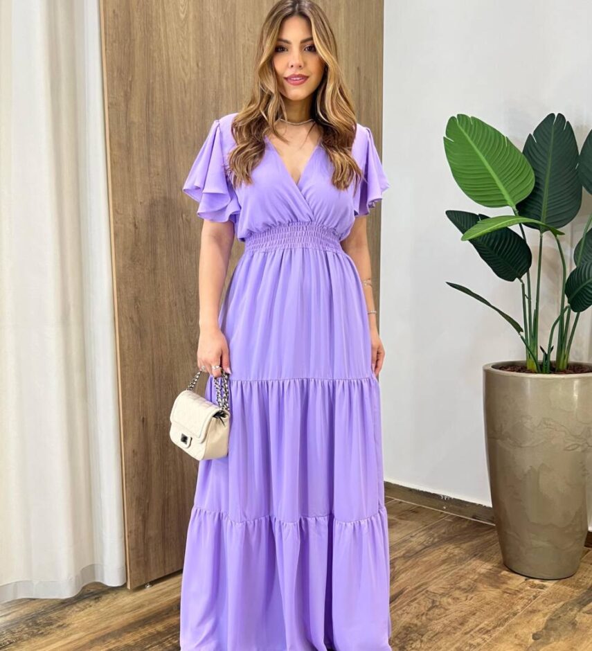 Vestido Longo sem Bojo Decote V Lastex na Cintura Lilás - Fernanda Ramos Store