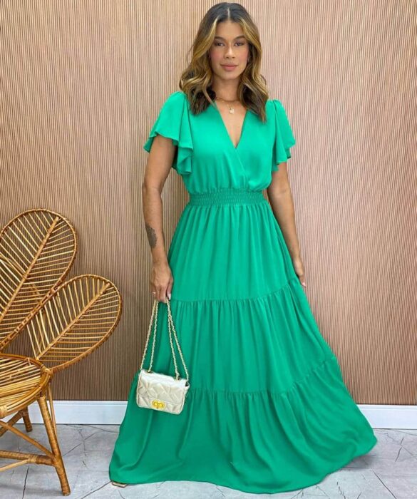 Vestido Longo sem Bojo Decote V Lastex na Cintura Verde - Fernanda Ramos Store