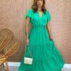 Vestido Longo sem Bojo Decote V Lastex na Cintura Verde - Fernanda Ramos Store