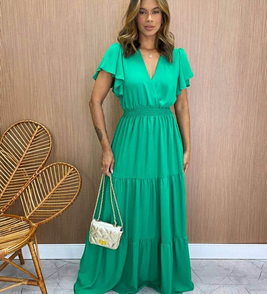 Vestido Longo sem Bojo Decote V Lastex na Cintura Verde - Fernanda Ramos Store