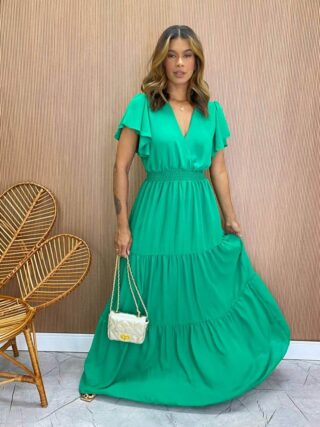 Vestido Longo sem Bojo Decote V Lastex na Cintura Verde - Fernanda Ramos Store