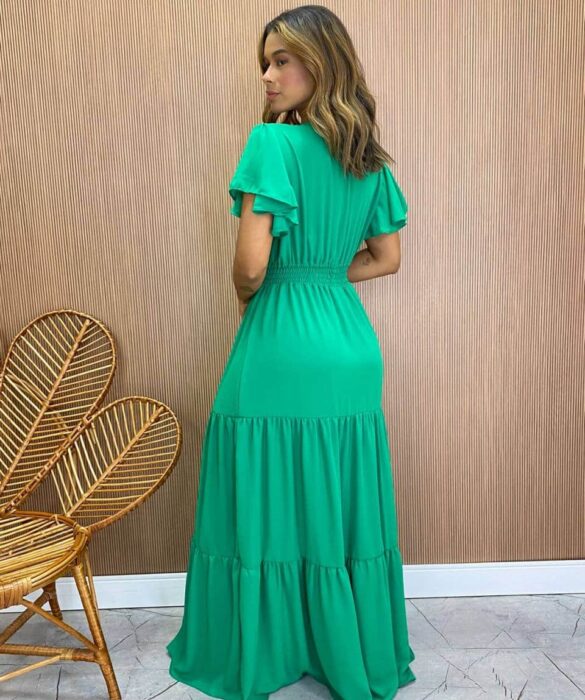 Vestido Longo sem Bojo Decote V Lastex na Cintura Verde - Fernanda Ramos Store