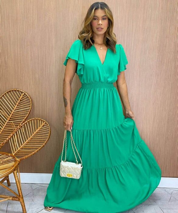 Vestido Longo sem Bojo Decote V Lastex na Cintura Verde - Fernanda Ramos Store