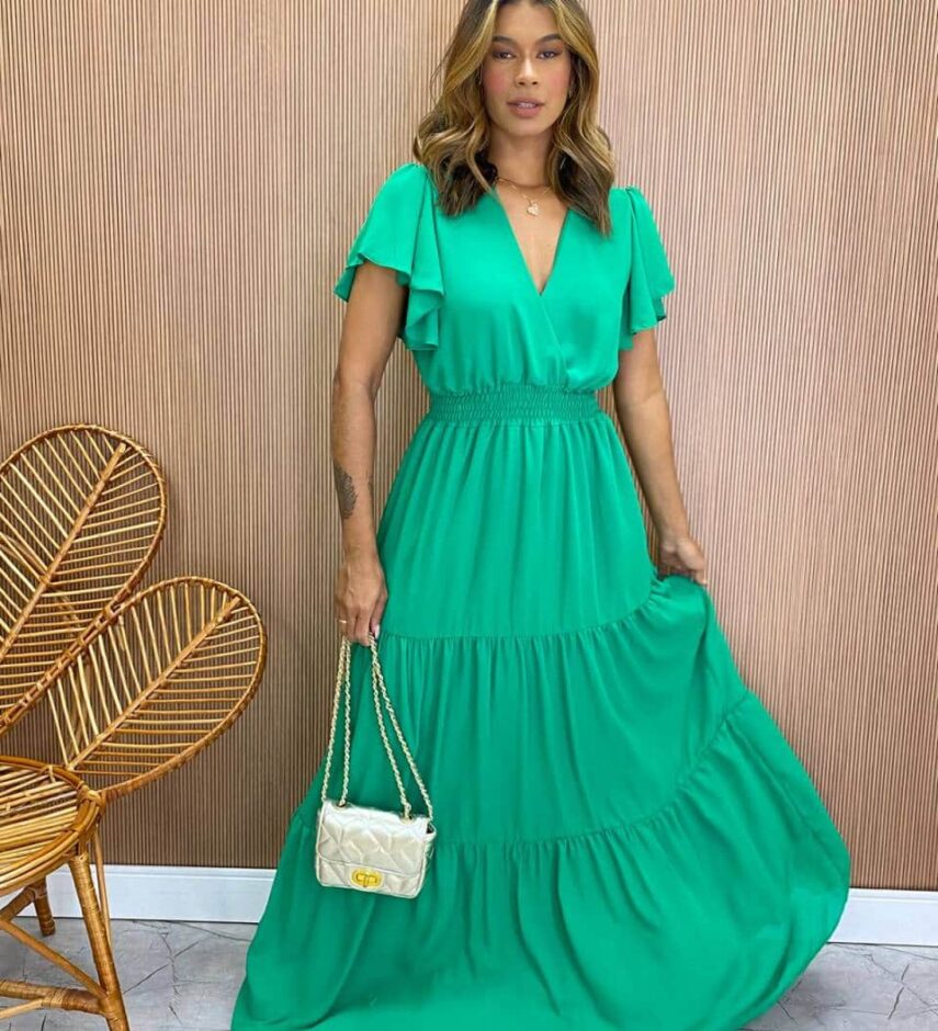 Vestido Longo sem Bojo Decote V Lastex na Cintura Verde - Fernanda Ramos Store