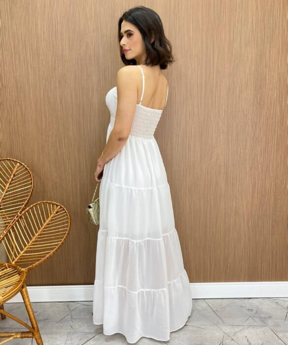 Vestido Longo sem Bojo Detalhe Franzido Carol Branco - Fernanda Ramos Store