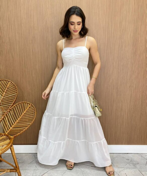 Vestido Longo sem Bojo Detalhe Franzido Carol Branco - Fernanda Ramos Store