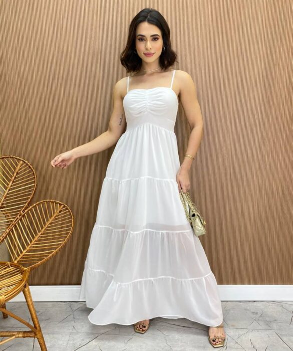 Vestido Longo sem Bojo Detalhe Franzido Carol Branco - Fernanda Ramos Store