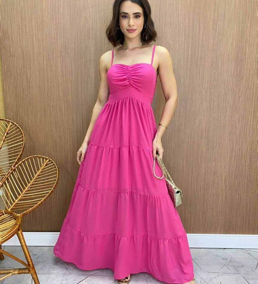 Vestido Longo sem Bojo Detalhe Franzido Carol Rosa - Fernanda Ramos Store