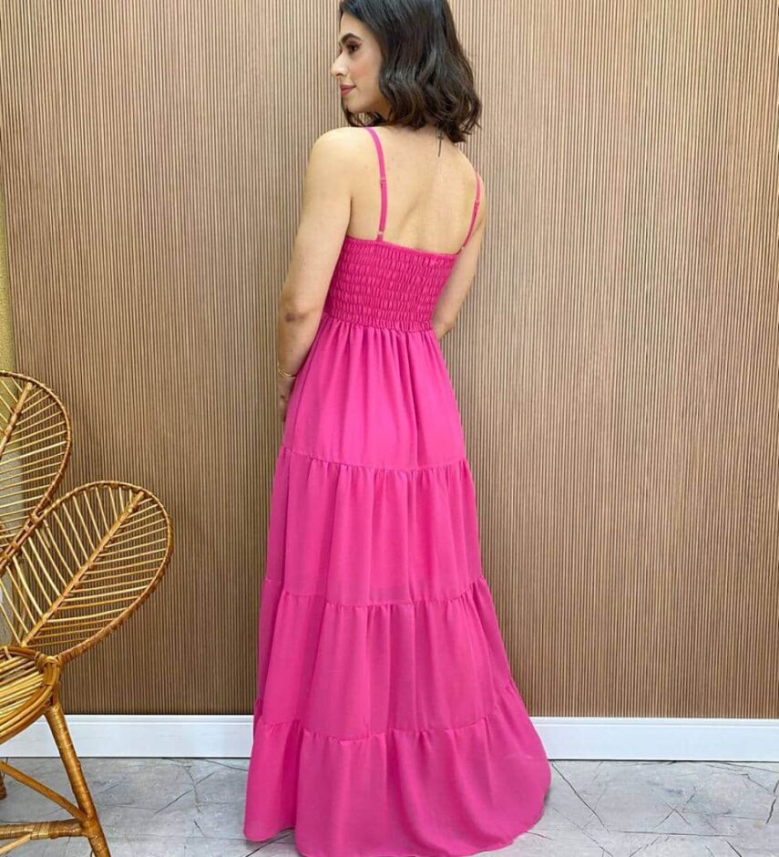 Vestido Longo sem Bojo Detalhe Franzido Carol Rosa - Fernanda Ramos Store