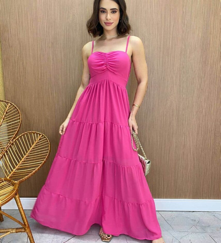 Vestido Longo sem Bojo Detalhe Franzido Carol Rosa - Fernanda Ramos Store