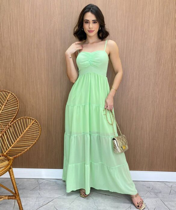 Vestido Longo sem Bojo Detalhe Franzido Carol Verde - Fernanda Ramos Store