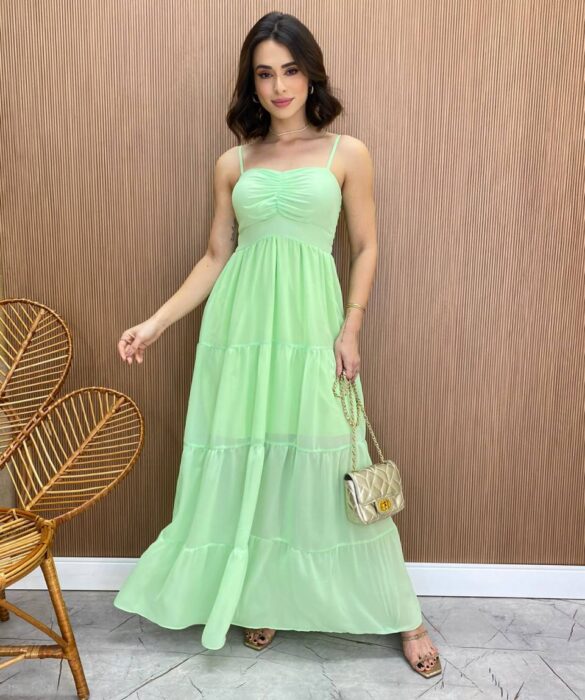 Vestido Longo sem Bojo Detalhe Franzido Carol Verde - Fernanda Ramos Store