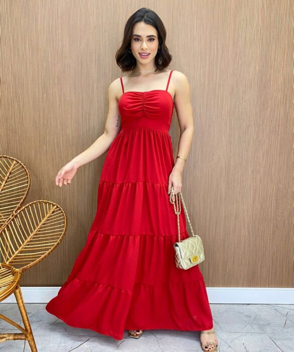 Vestido Longo sem Bojo Detalhe Franzido Carol Vermelho - Fernanda Ramos Store