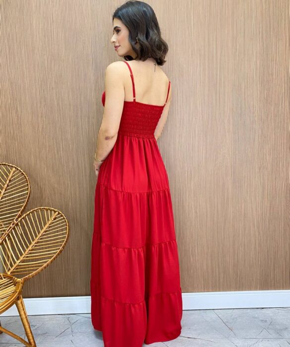 Vestido Longo sem Bojo Detalhe Franzido Carol Vermelho - Fernanda Ramos Store