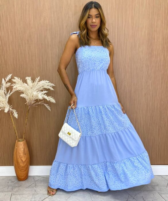 Vestido Longo sem Bojo Julia Amarração nas Alças Azul Fernanda Ramos Store