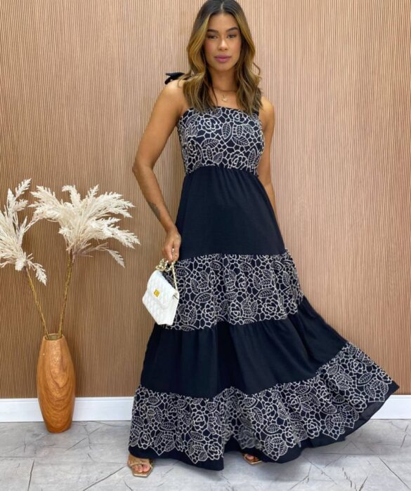 Vestido Longo sem Bojo Julia Amarração nas Alças Preto Fernanda Ramos Store