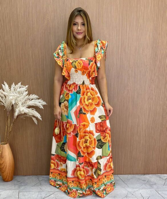 Vestido Longo sem Bojo Luiza com Lastex Estampa Floral - Fernanda Ramos Store