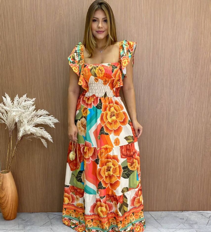 Vestido Longo sem Bojo Luiza com Lastex Estampa Floral - Fernanda Ramos Store