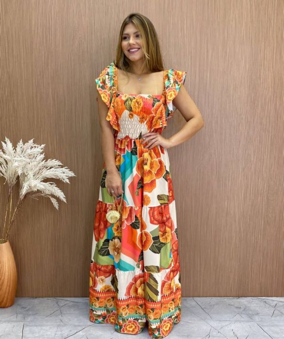 Vestido Longo sem Bojo Luiza com Lastex Estampa Floral - Fernanda Ramos Store