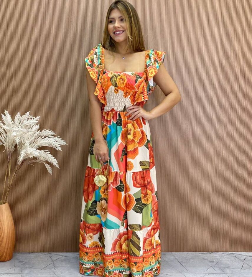 Vestido Longo sem Bojo Luiza com Lastex Estampa Floral - Fernanda Ramos Store