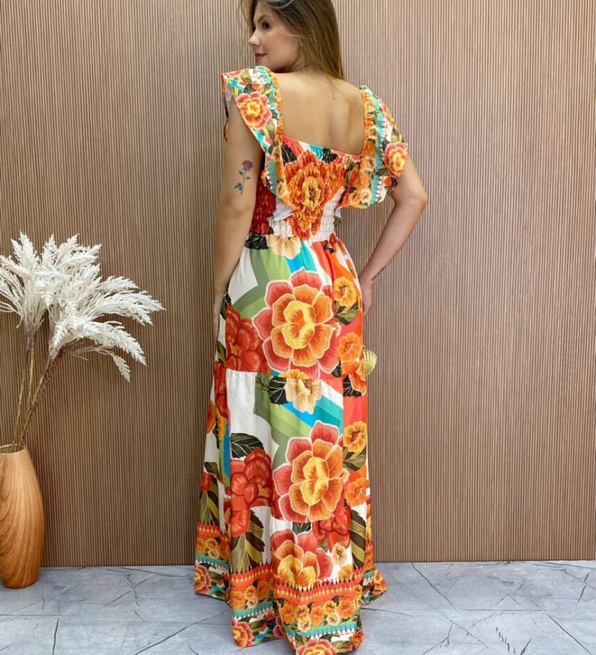 Vestido Longo sem Bojo Luiza com Lastex Estampa Floral - Fernanda Ramos Store