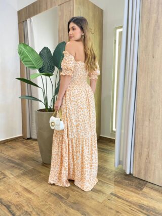 Vestido Longo sem Bojo Maitê com Lastex Estampado Bege - Fernanda Ramos Store