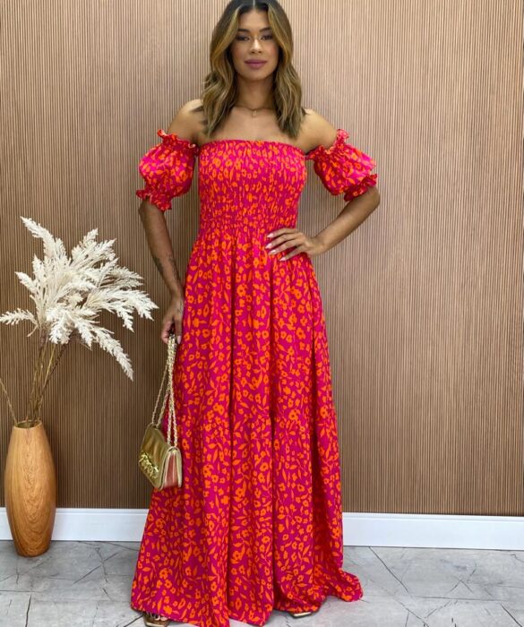 Vestido Longo sem Bojo Maitê com Lastex Estampado Pink - Fernanda Ramos Store