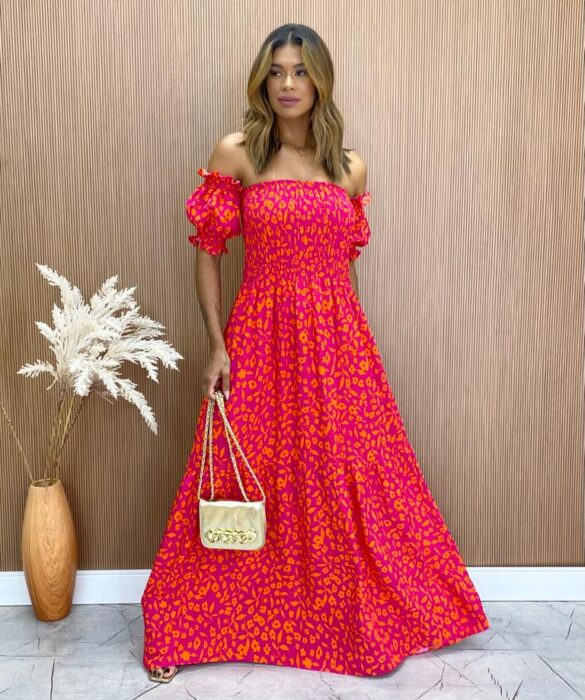 Vestido Longo sem Bojo Maitê com Lastex Estampado Pink - Fernanda Ramos Store