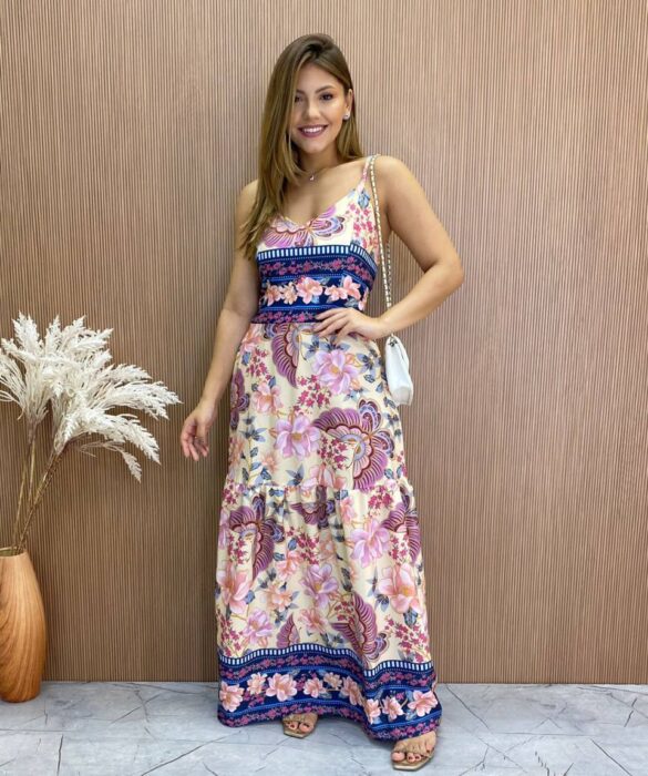 Vestido Longo sem Bojo Milena Alça Regulável Estampa Floral - Fernanda Ramos Store