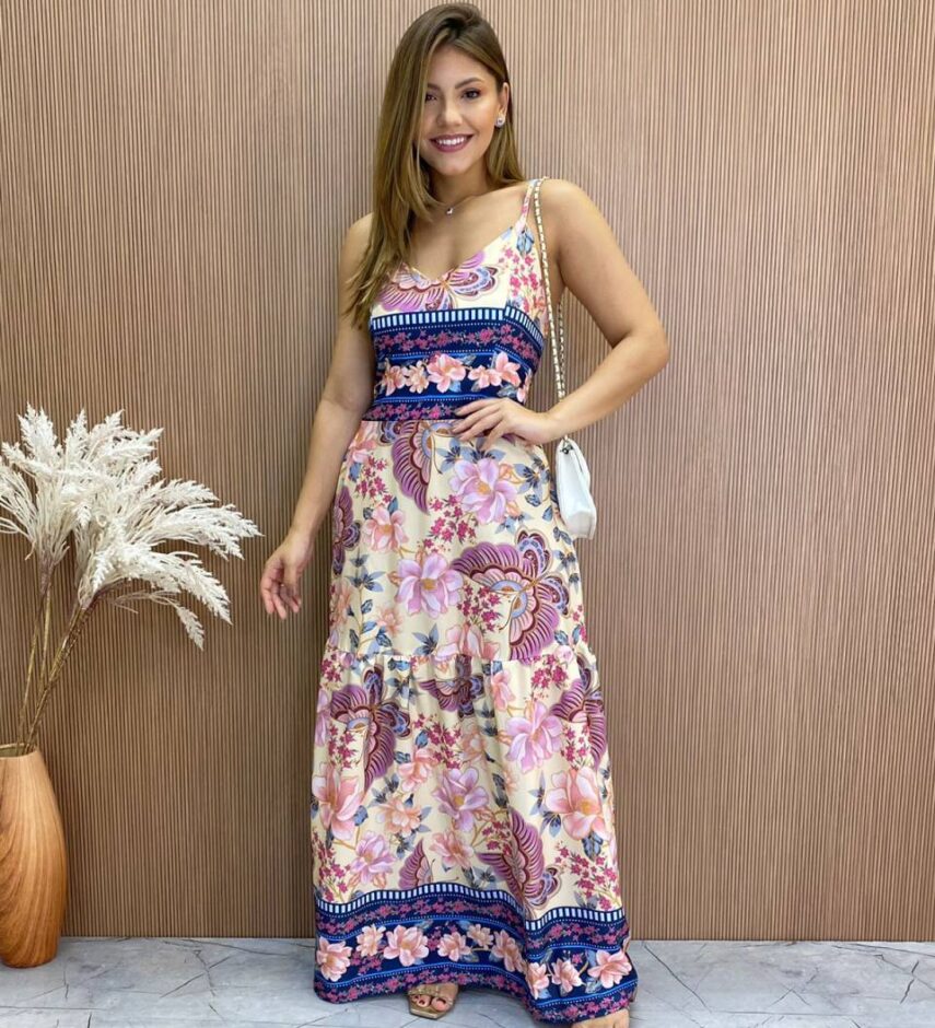Vestido Longo sem Bojo Milena Alça Regulável Estampa Floral - Fernanda Ramos Store