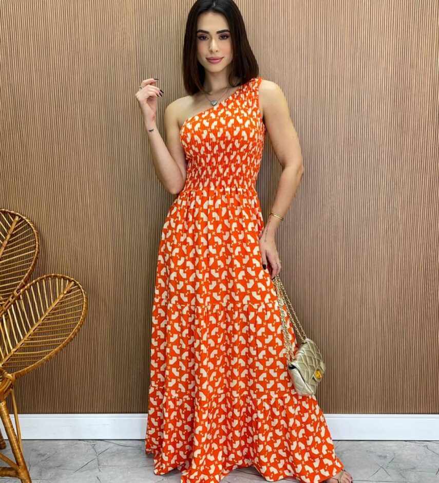 Vestido Longo sem Bojo Nula Manga com Lastex Estampado - Fernanda Ramos Store