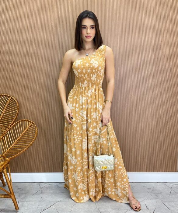 Vestido Longo sem Bojo Nula Manga com Lastex Estampado Bege - Fernanda Ramos Store