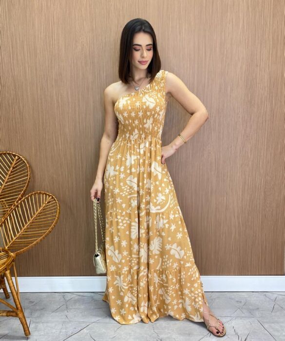 Vestido Longo sem Bojo Nula Manga com Lastex Estampado Bege - Fernanda Ramos Store