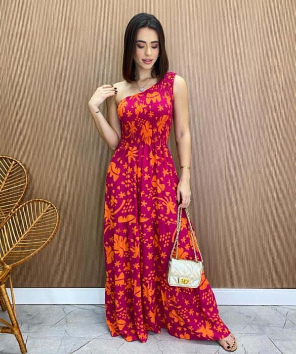 Vestido Longo sem Bojo Nula Manga com Lastex Estampado Pink - Fernanda Ramos Store