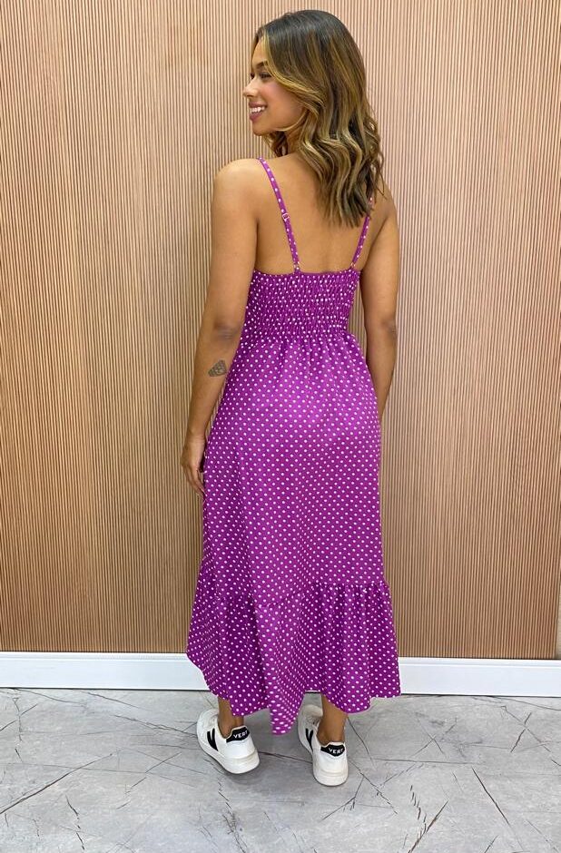 Vestido Longuete com Bojo e Botões Alça Regulável Poá Fúcsia - Fernanda Ramos Store