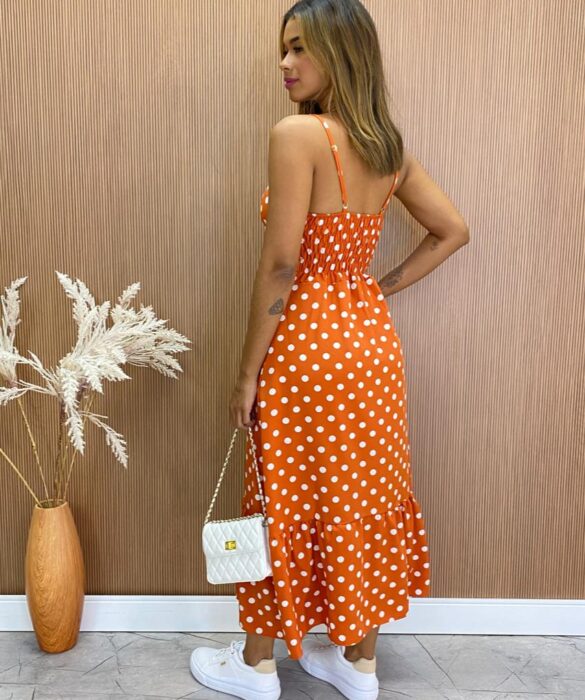 fernandaramosstore com br Vestido Longuete com Bojo e Botões Alça Regulável Poá Laranja 2