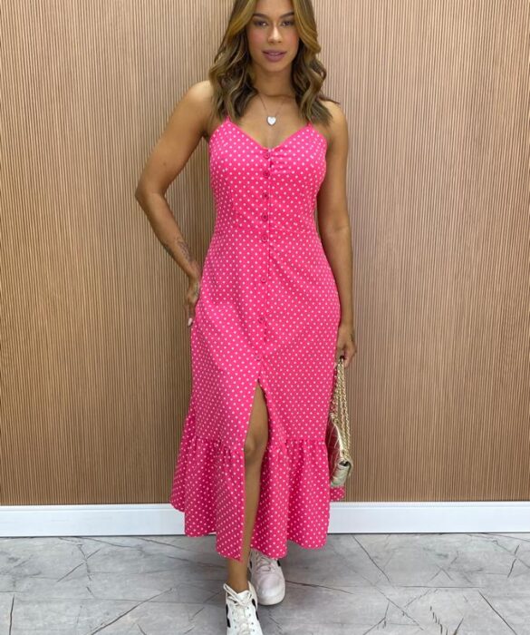 Vestido Longuete com Bojo e Botões Alça Regulável Poá Pink - Fernanda Ramos Store