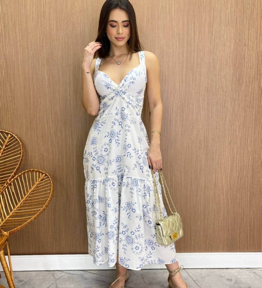 Vestido Longuete com Bojo Luiza Estampado Branco - Fernanda Ramos Store