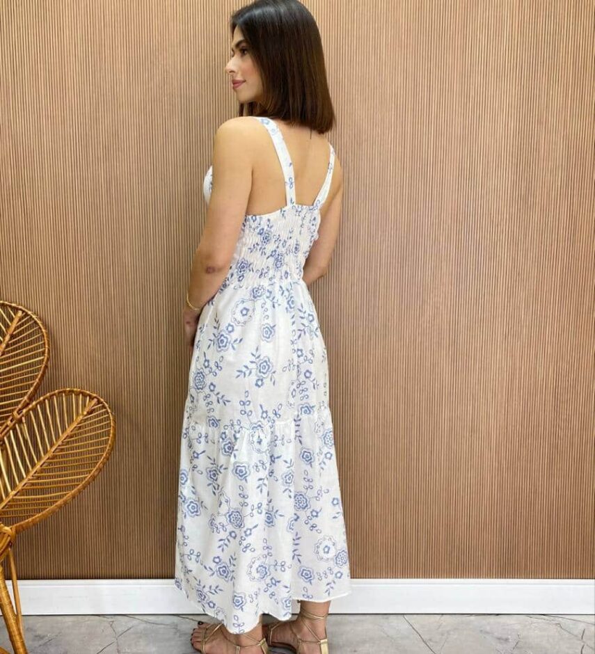 Vestido Longuete com Bojo Luiza Estampado Branco - Fernanda Ramos Store