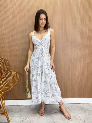 Vestido Longuete com Bojo Luiza Estampado Branco - Fernanda Ramos Store