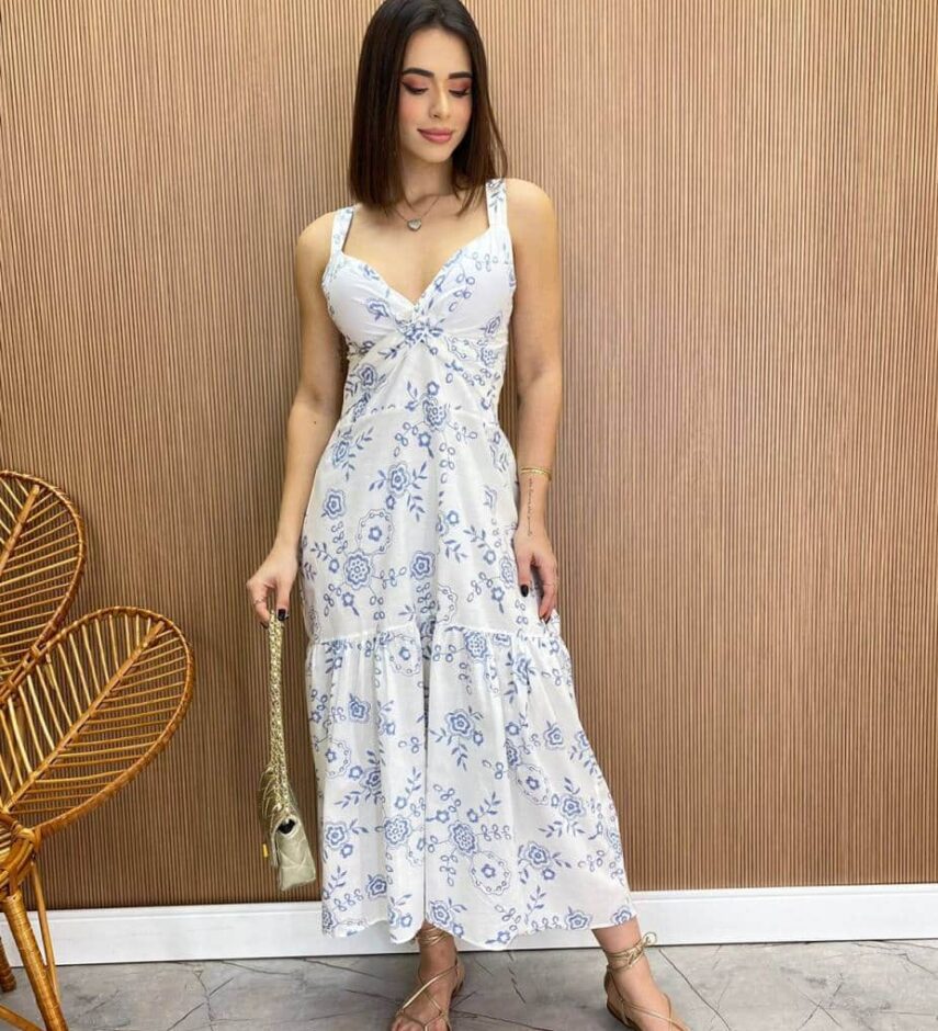 Vestido Longuete com Bojo Luiza Estampado Branco - Fernanda Ramos Store