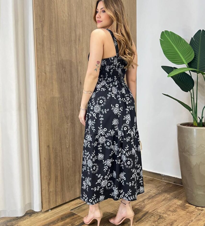 Vestido Longuete com Bojo Luiza Estampado Preto - Fernanda Ramos Store