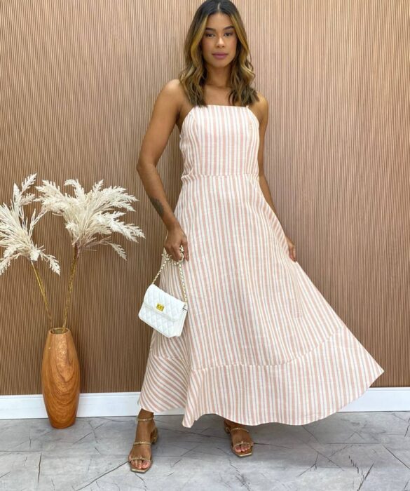 Vestido Longuete com Bojo Tricoline Listrado Bege Fernanda Ramos Store